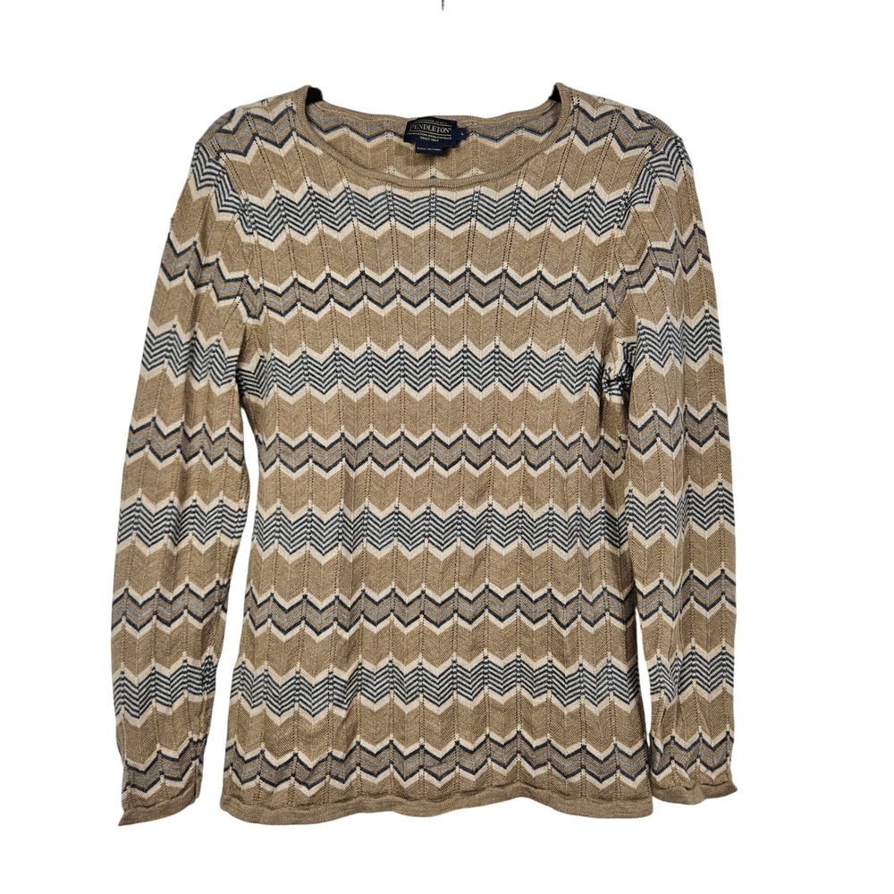 Pendleton Tan Chevron Merino Wool Sweater L Boho Classic Neutral Earthy Layer